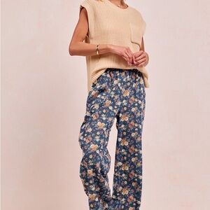 Blue Wide Leg Pants with Floral Print